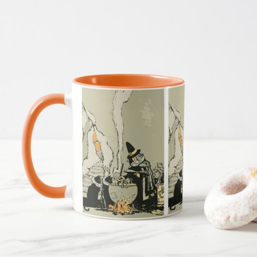 ヴィンテージ ハロウィン、魔女と大釜と猫たち マグカップ (ドーナツ)