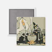 ヴィンテージ ハロウィン、魔女と大釜と猫 マグネット (正面/裏面)