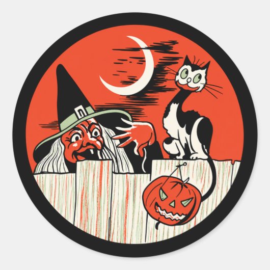 ヴィンテージ・ハロウィン・魔女と猫ステッカー ラウンドシール (正面)