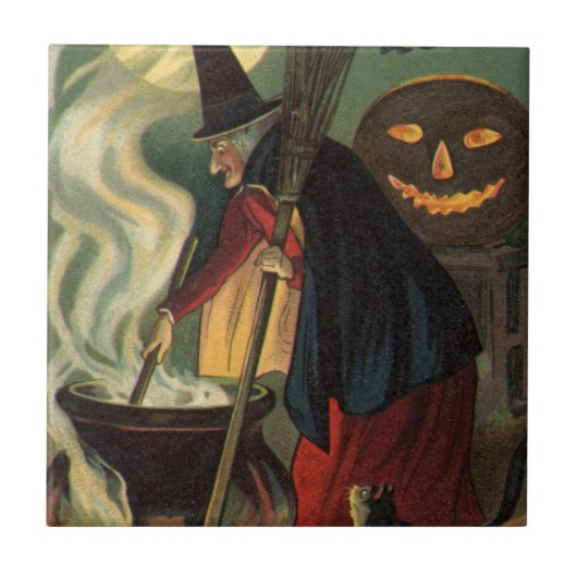 ヴィンテージ ハロウィン 魔女の魔法の鍋 タイル (正面)