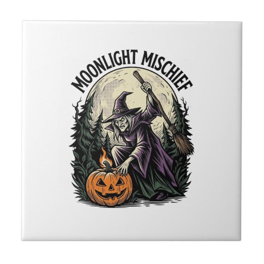 ヴィンテージ ハロウィン 魔女 月夜のいたずら グラフィック タイル (正面)