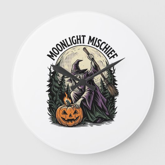 ヴィンテージ ハロウィン 魔女 月夜のいたずら グラフィック ラージ壁時計 (正面)