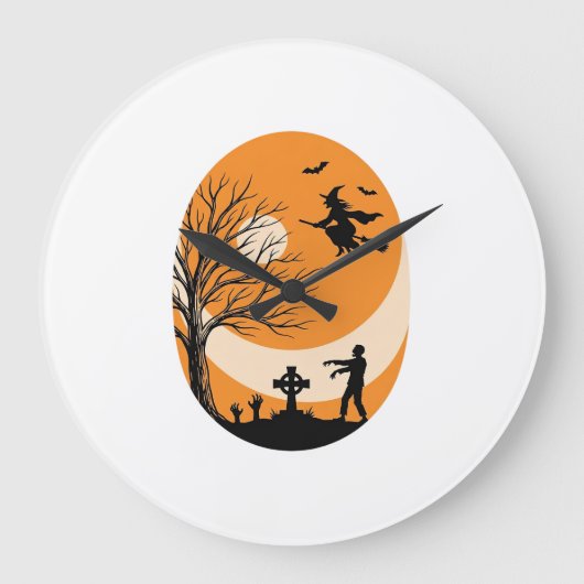 ヴィンテージ ハロウィン 魔女 月 墓地 ベクター デザイン ラージ壁時計 (正面)