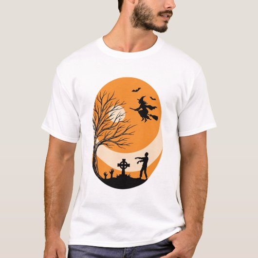 ヴィンテージ ハロウィン 魔女 月 墓地 ベクター デザイン Tシャツ (正面)