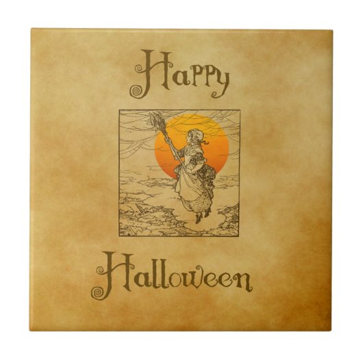 ヴィンテージ ハロウィン 魔女 陶器タイル タイル (正面)