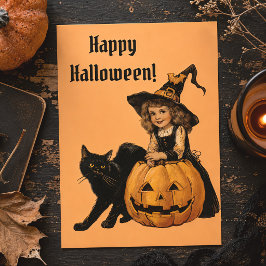 ヴィンテージ ハロウィン 魔女 黒猫 & かぼちゃ ポストカード