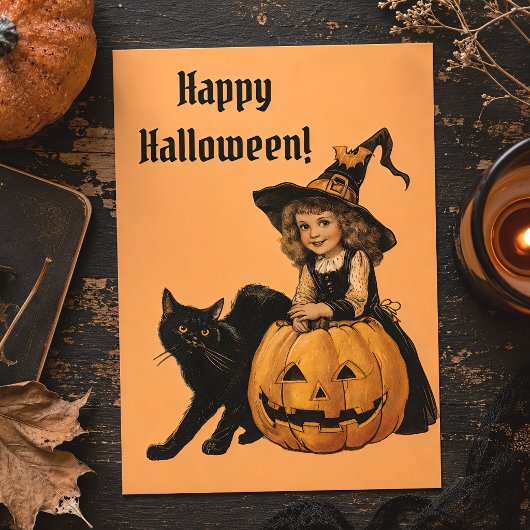 ヴィンテージ ハロウィン 魔女 黒猫 & かぼちゃ ポストカード
