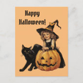 ヴィンテージ ハロウィン 魔女 黒猫 & かぼちゃ ポストカード (正面)