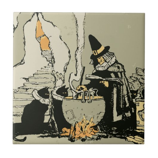 ヴィンテージ ハロウィン、魔法使いと大鍋と猫 タイル (正面)
