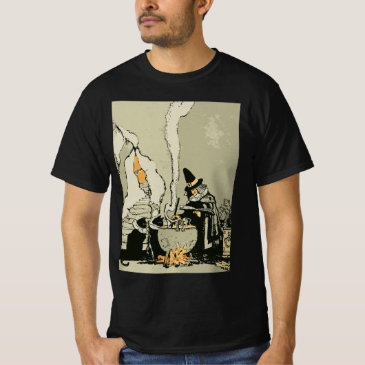 ヴィンテージ・ハロウィン、魔法使いと大鍋と猫 Tシャツ (正面)