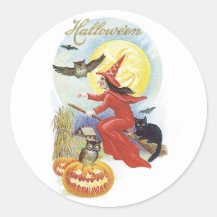 ヴィンテージ ハロウィン 魔法使いと黒猫 ラウンドシール