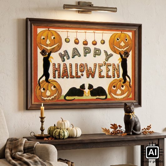 ヴィンテージ ハロウィン 黒猫とジャック・オ・ランタン ポスター