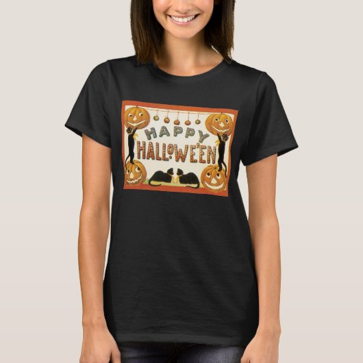 ヴィンテージ ハロウィン 黒猫とジャック・オ・ランタン Tシャツ (正面)