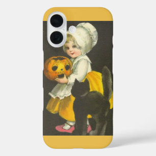 ヴィンテージ・ハロウィン 黒猫と女の子とカボチャ iPhone 16ケース
