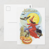 ヴィンテージ ハロウィン、黒猫と空飛ぶ魔女 ポストカード (正面/裏面)