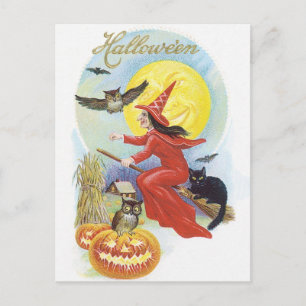 ヴィンテージ ハロウィン、黒猫と空飛ぶ魔女 ポストカード