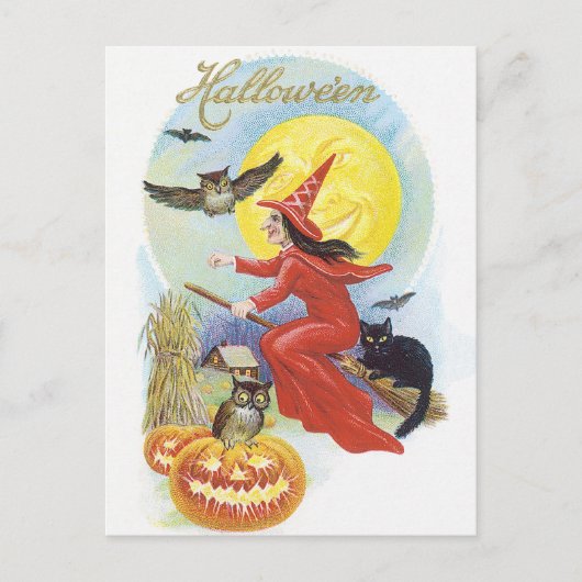 ヴィンテージ ハロウィン、黒猫と空飛ぶ魔女 ポストカード (正面)