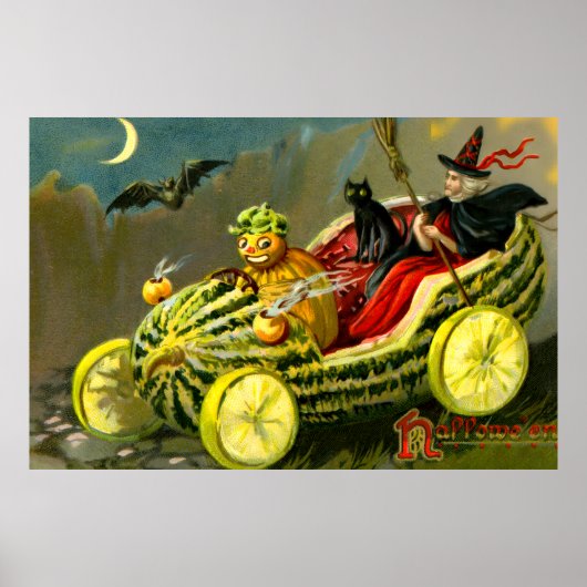 ヴィンテージ ハロウィン 黒猫と魔女 ポスター (正面)
