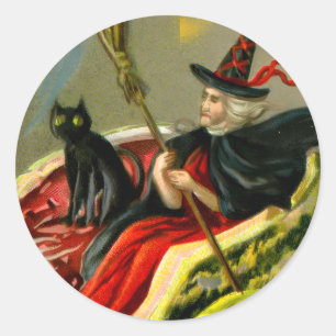 ヴィンテージ ハロウィン 黒猫と魔女 ラウンドシール