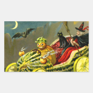 ヴィンテージ ハロウィン 黒猫と魔女 長方形シール