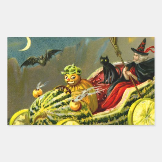 ヴィンテージ ハロウィン 黒猫と魔女 長方形シール (正面)