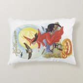 ヴィンテージ ハロウィン、黒猫に乗る魔女 アクセントクッション (正面)