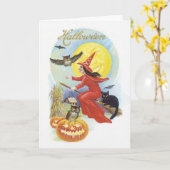 ヴィンテージ ハロウィン、黒猫に乗る魔女 カード (黄色い花)