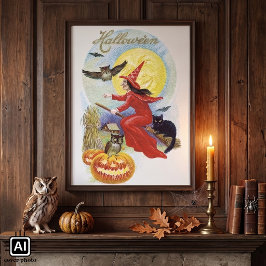 ヴィンテージ ハロウィン、黒猫に乗る魔女 ポスター