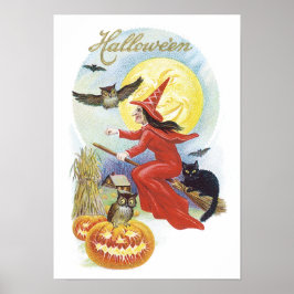 ヴィンテージ ハロウィン、黒猫に乗る魔女 ポスター