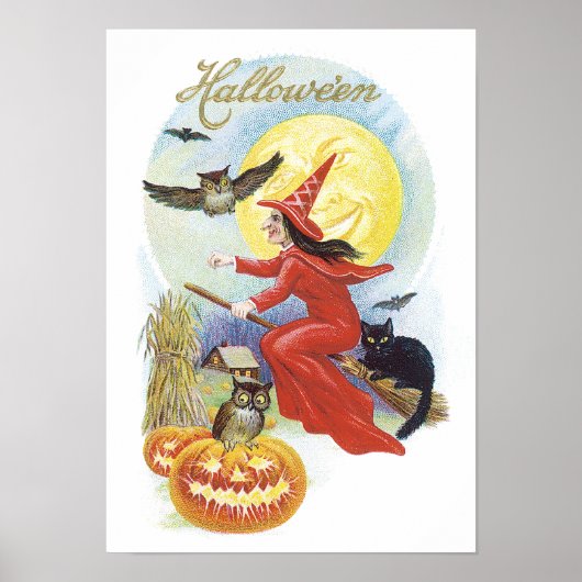 ヴィンテージ ハロウィン、黒猫に乗る魔女 ポスター (正面)