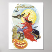 ヴィンテージ ハロウィン、黒猫に乗る魔女 ポスター (正面)