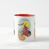 ヴィンテージ ハロウィン、黒猫に乗る魔女 マグカップ (中央)