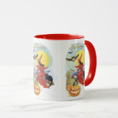 ヴィンテージ ハロウィン、黒猫に乗る魔女 マグカップ (正面右)