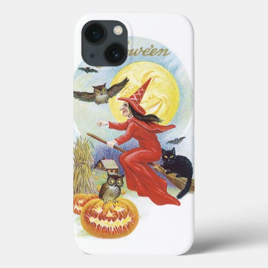 ヴィンテージ ハロウィン、黒猫に乗る魔女 Case-Mate iPhoneケース (裏面)