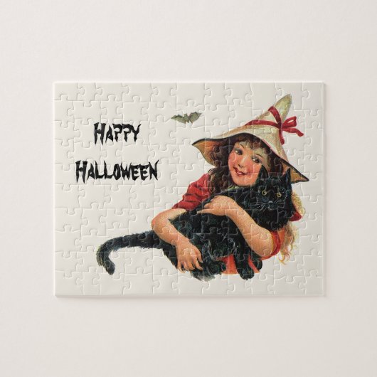 ヴィンテージ ハロウィン, 黒猫の少女魔女 ジグソーパズル (横)