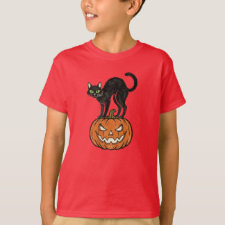 ヴィンテージ ハロウィン 黒猫 & カボチャ レトロ デザイン Tシャツ
