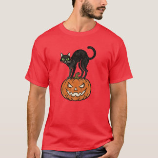 ヴィンテージ ハロウィン 黒猫 & カボチャ レトロ デザイン Tシャツ