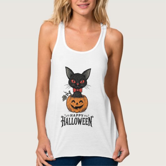 ヴィンテージ ハロウィン 黒猫 パンプキン Tシャツ デザイン 1 (正面)