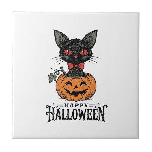 ヴィンテージ ハロウィン 黒猫 パンプキン Tシャツ デザイン 1 タイル (正面)