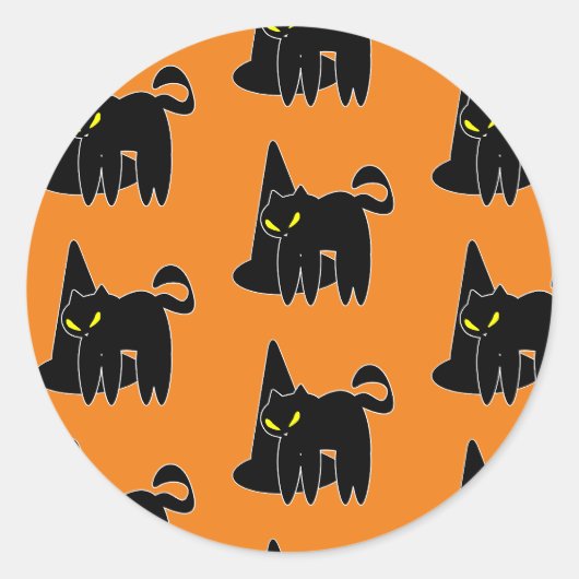 ヴィンテージ ハロウィン 黒猫 魔女 オレンジ ラウンドシール (正面)