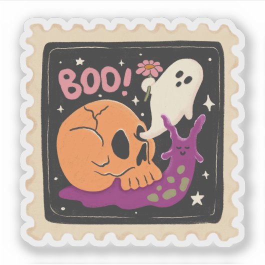 ヴィンテージ・ハロウィン "Boo!" ドクロと幽霊スタンプ シール (正面)