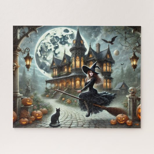 ヴィンテージ・ハロウィーンの不気味な家と魔女と満月 ジグソーパズル (横)