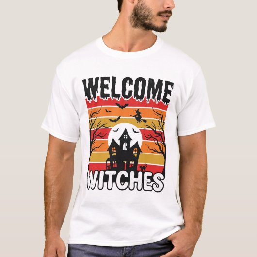 ヴィンテージ・ハロウィーンの彫刻デザイン「魔女歓迎」 Tシャツ (正面)