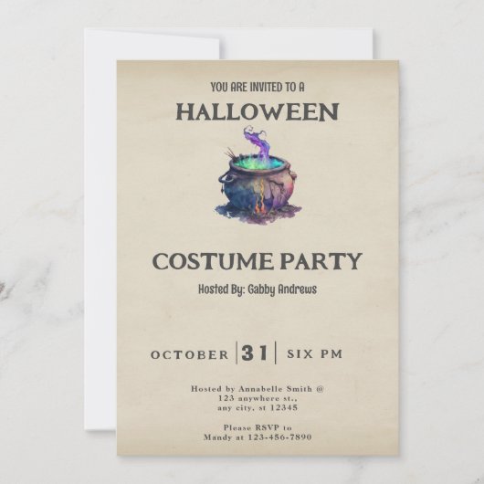 ヴィンテージ・ハロウィーンの魔法使いの釜戸 魔法の緑と紫 招待状 (正面)