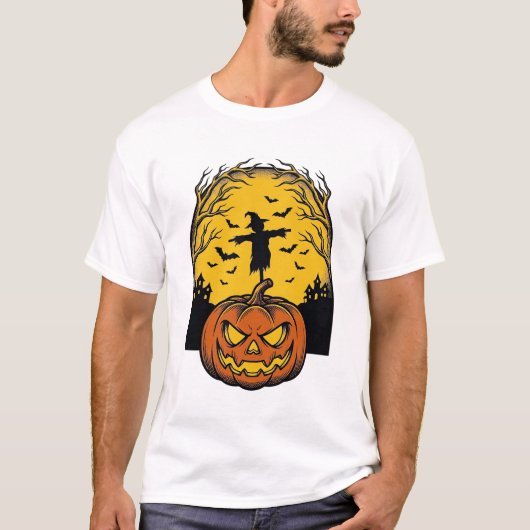 ヴィンテージ ハロウィーン かぼちゃ 月 案山子 アート_1 Tシャツ (正面)