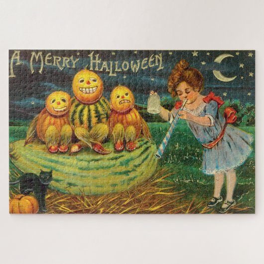 ヴィンテージ・ハロウィーン・ガール・ウィズ・パンプキンズ ジグソーパズル (横)