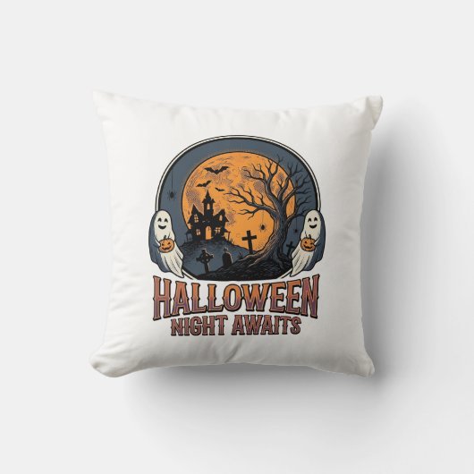 ヴィンテージ ハロウィーン シーン 彫刻 月 幽霊 シャツ_ クッション (正面)