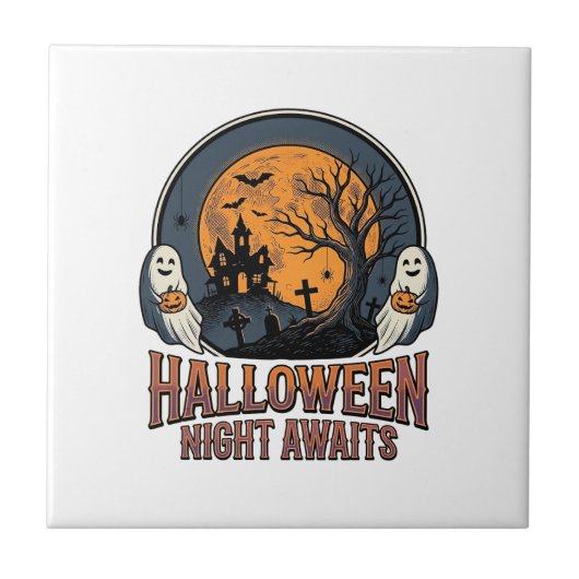 ヴィンテージ ハロウィーン シーン 彫刻 月 幽霊 Tシャツ_ タイル (正面)