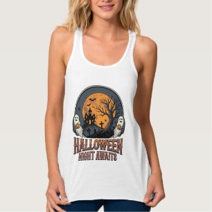 ヴィンテージ ハロウィーン シーン 彫刻 月 幽霊 Tシャツ_ タンクトップ