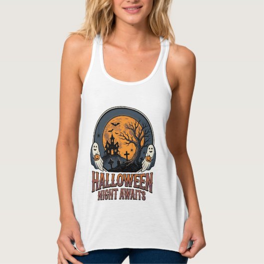 ヴィンテージ ハロウィーン シーン 彫刻 月 幽霊 Tシャツ_ タンクトップ (正面)